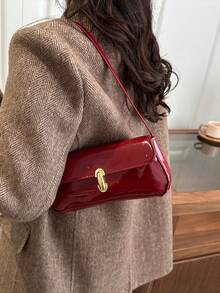 Women Glossy Patent Leather Shoulder Bag, Vintage Rectangular Baguette Purse With Gold Metal Lock, Elegant Solid Color Handbag For Party Daily Wear - Red - View 4