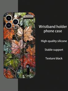 1pc Black TPU Colorful Glass Art Maple Leaf Pattern Full Coverage Shockproof Phone Case And 1pc Black Colorful Glass Art Maple Leaf Pattern Wrist Strap, Suitable For Versatile Phone Case/Wrist Strap Phone Case/Interesting Phone Case/Apple Phone/Android Phone Case - Multicolor - View 2