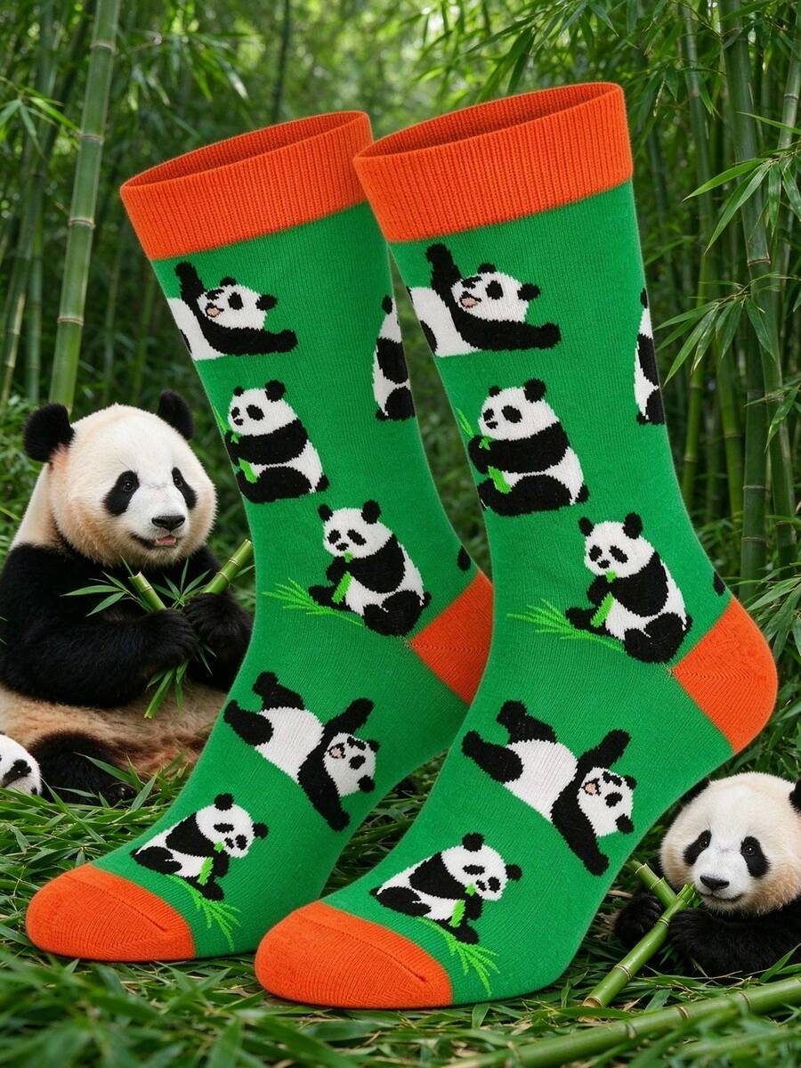 1/3/5雙萬聖節聖誕節秋冬男士趣味圖案中筒襪,可愛熊貓竹子卡通圖案,柔軟透氣,送給男士女士的禮物 - 彩色 - 查看 1