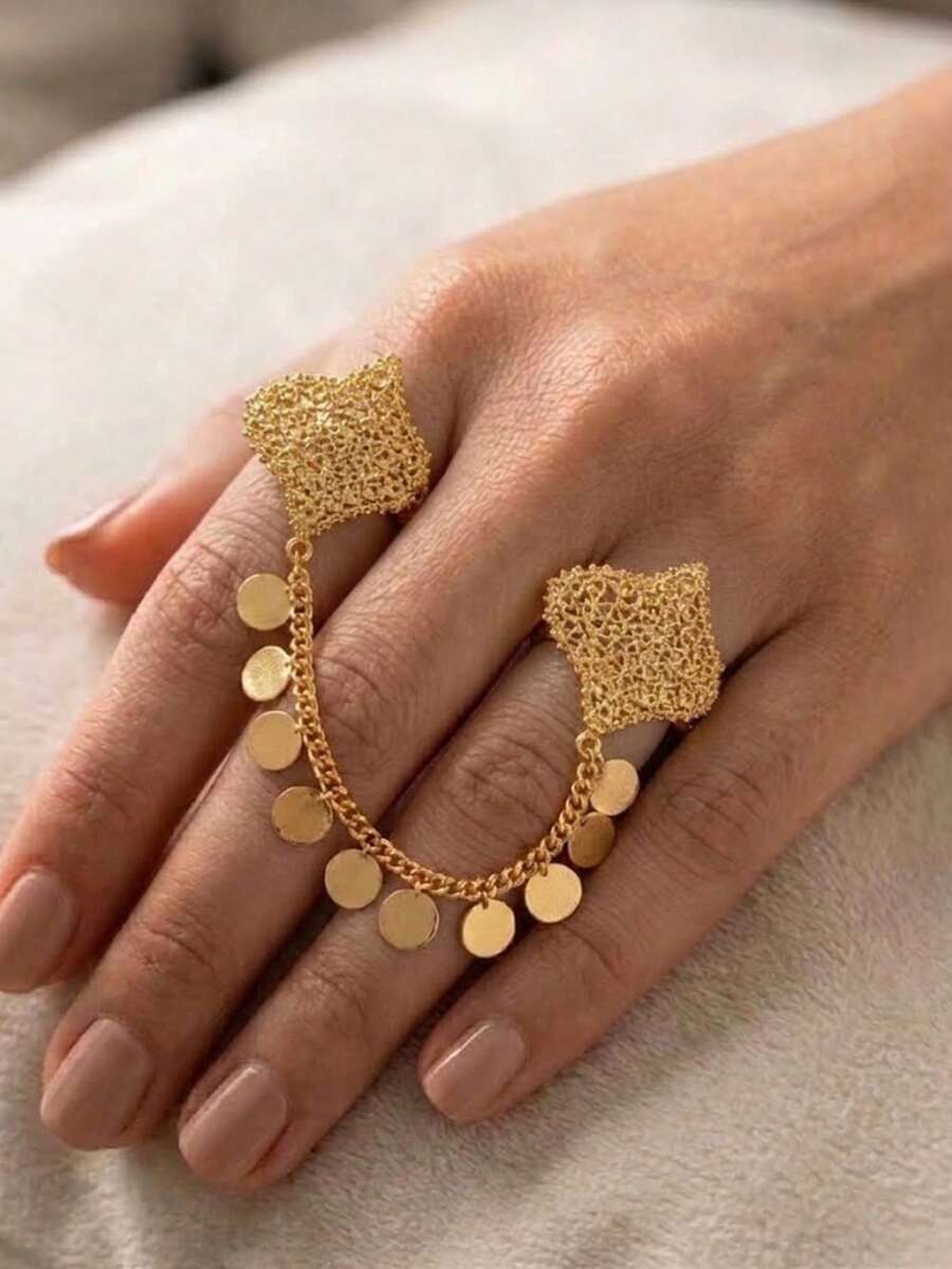 24K Gold Plated Ring, Rust-Resistant Gold Alternative Filigree Clover Double Finger Connected Coin Dangle Statement Ring Jewellery Women - 01 - View 1