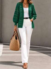 Women's Plus Size Elegant Knit Cardigan, Long Dropped Shoulder Sleeves, Ribbed Knit Details, Autumn/Winter Fashion Style - Dark Green - View 5