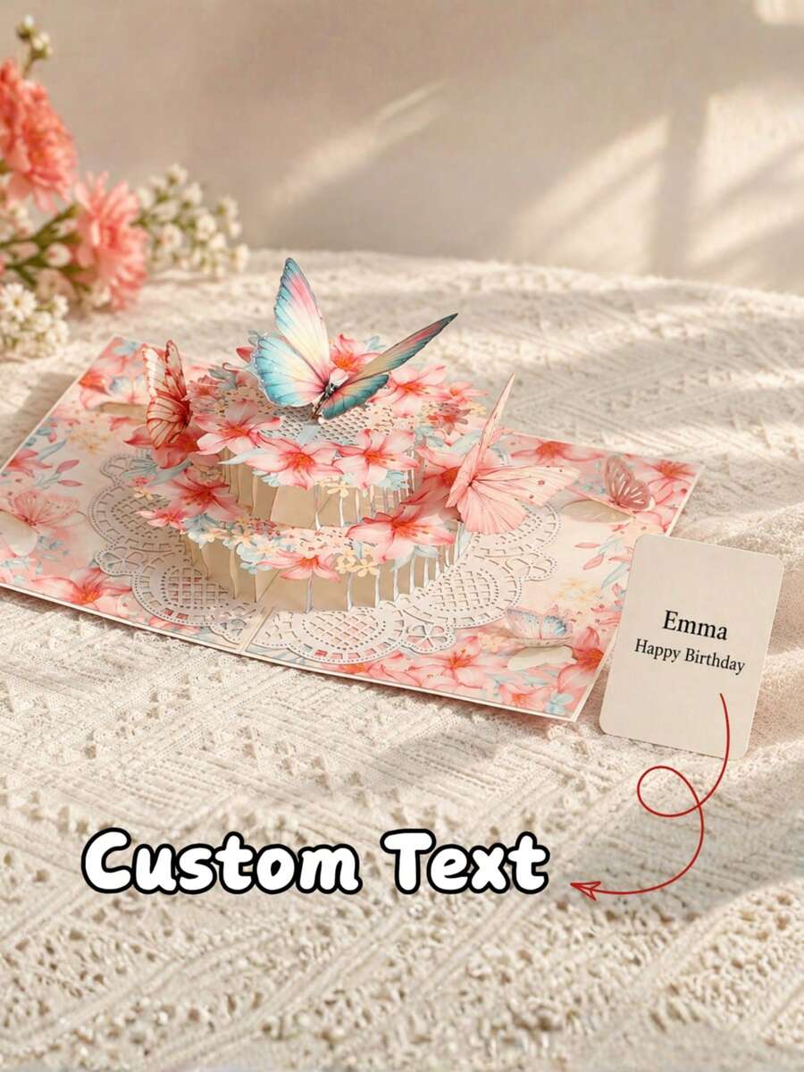 1pc Customized 3D Flower Butterfly Greeting Card, Customizable Text Message, Pink Floral Pop-Up Card, Creative Paper Carving 3D Birthday Card, Foldable Blessing Card, Exquisite Floral Pattern, Comes With Envelope, Suitable For Birthday, Wedding, Anniversary, Holiday Greetings, Thank You And Daily Gifts - Multicolor - View 1