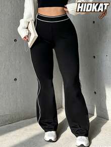 Leggings acampanados de punto de cintura alta con banda elástica y ajuste ceñido en color liso para mujer - Negro - Ver 1
