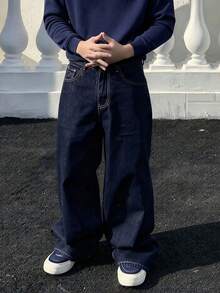 Teenage Boys' Blue Washed Baggy Jeans, Retro Wide Leg Straight Fit, European & American Street Style - Dark Wash - View 2