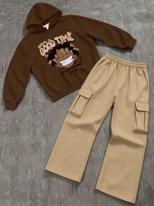 2pcs/Set Big Boys Have A Good Time Cartoon Pattern Hoodie + Multi-Pocket Cargo Wide Leg Pants Casual Outfit - Brown - View 2