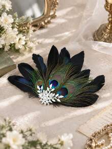 Vintage 1920s Peacock Feather Hair Clip,Rhinestone Decor Black Feather Barrette,Glamorous Hair Accessory For Women Cocktail Party Prom Wedding Costume - Multicolor - View 5