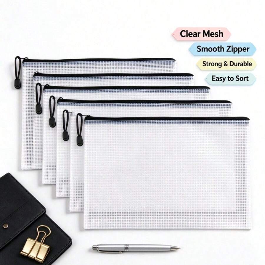 5/10pcs Extra Large Mesh Waterproof Zipper File Bags - A3/A4 Transparent, Durable Student And Professional Document Organizer, Ideal For Paper And Test Storage