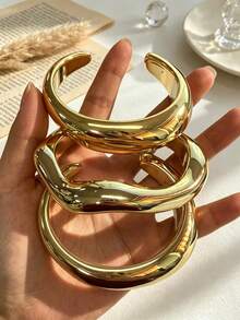 3件/1件裝復古誇張華麗女款金色圓形波浪CCB開口手鐲套組，適合女性日常、派對、度假、約會、婚禮、節慶穿搭，可疊戴，禮物首選 - 金色 - 查看 4
