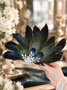 Vintage 1920s Peacock Feather Hair Clip,Rhinestone Decor Black Feather Barrette,Glamorous Hair Accessory For Women Cocktail Party Prom Wedding Costume - Multicolor - View 7