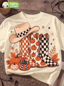 T-Shirt Featuring Cowboy Boots And Plaid, Autumn Pumpkin Motifs, Leopard-Print "Hello" Lettering, Polka Dots, And Western-Style Patterns. - Apricot - View 1