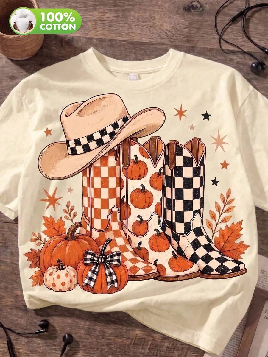 T-Shirt Featuring Cowboy Boots And Plaid, Autumn Pumpkin Motifs, Leopard-Print "Hello" Lettering, Polka Dots, And Western-Style Patterns. - Apricot - View 1