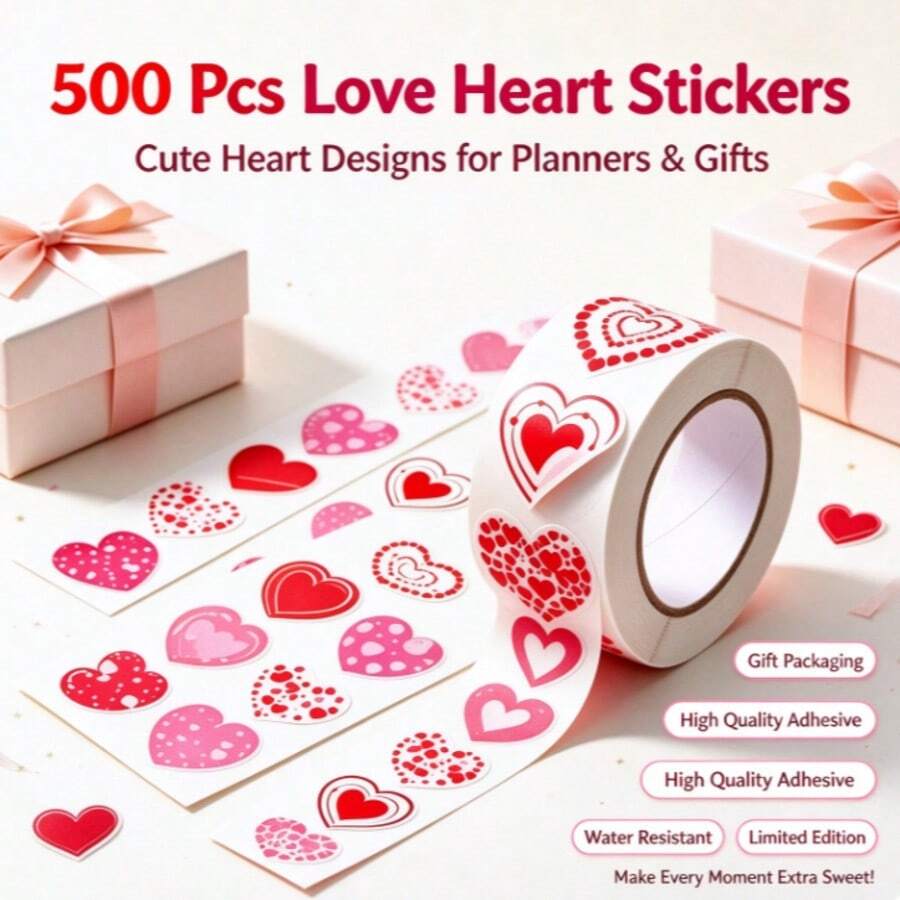 Heart Stickers Roll, 8 Unique Cute Heart Pattern Self-Adhesive Stickers, Suitable For Gift Wrapping, Planner, Scrapbook, Valentine's Day DIY Craft Decoration - A - View 1