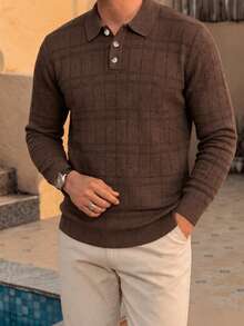 Men's Autumn/Winter Fashion Versatile Solid Color Casual Plaid Button-Up Collar Long Sleeve Sweater, Suitable For Daily Commute - Brown - View 2
