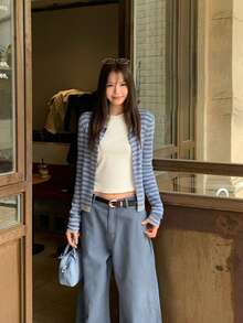 Women's Grey Striped Knit Cardigan Jacket, Autumn New Korean Style Slim Fit Flattering Long Sleeve Outerwear (Random Stripes) - Grey-blue - View 4