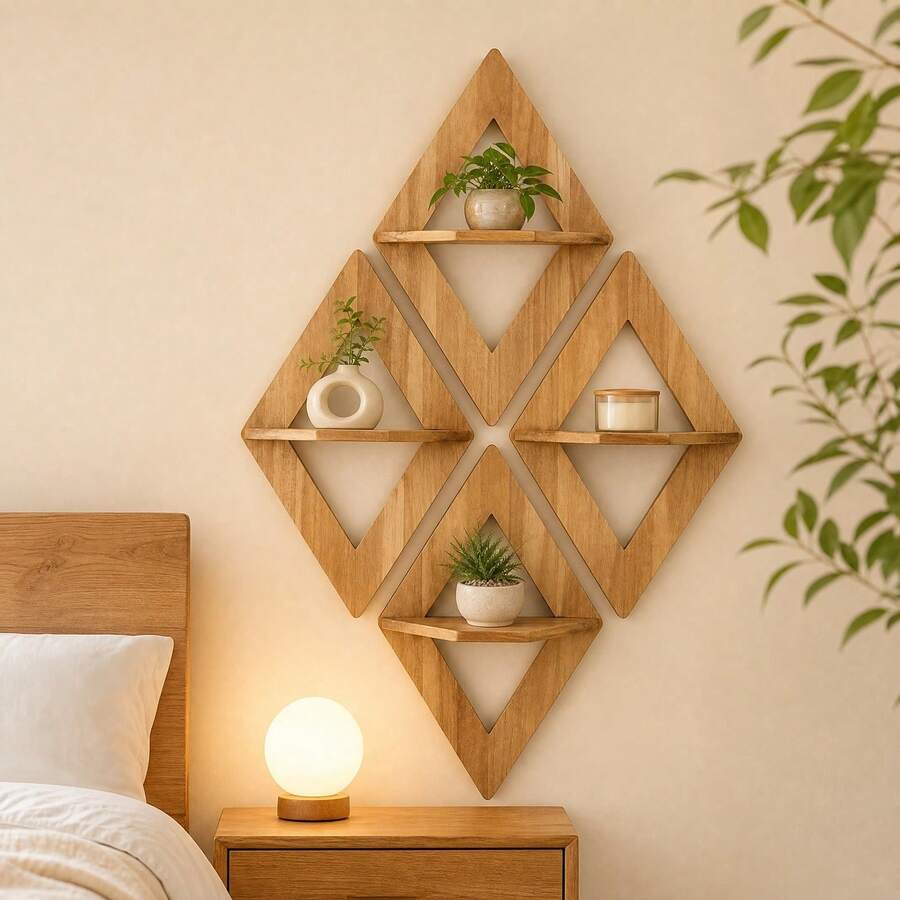 Nordic Style Rhombus Floating Shelf - Modern Geometric Wall Storage Rack - Bedroom Living Room Decor Wall Mount - Minimalist Wooden Storage Shelf - View 1
