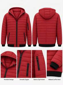 Men's Hooded Quilted Padded Jacket With Zip Pockets & Ribbed Trim, Casual Lightweight Outerwear - Redwood - View 4