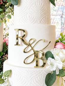 1pc Personalized Acrylic Gold Mirror Custom Cake Topper, Letter Customization, Laser Cut Cake Decoration, Suitable For Wedding, Engagement Scene Decor, Anniversary - Multicolor - View 1