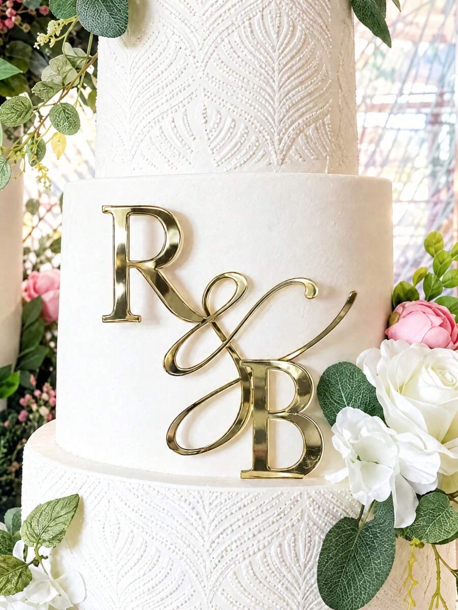 1pc Personalized Acrylic Gold Mirror Custom Cake Topper, Letter Customization, Laser Cut Cake Decoration, Suitable For Wedding, Engagement Scene Decor, Anniversary - Multicolor - View 1