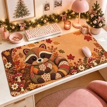1pc Fall Raccoon Mouse Pad, Patchwork Woodland Animals, Mushrooms And Autumn Leaves Extended Desk Mat For Home Office And Gaming, Sizes S/M/L/XL - View 1
