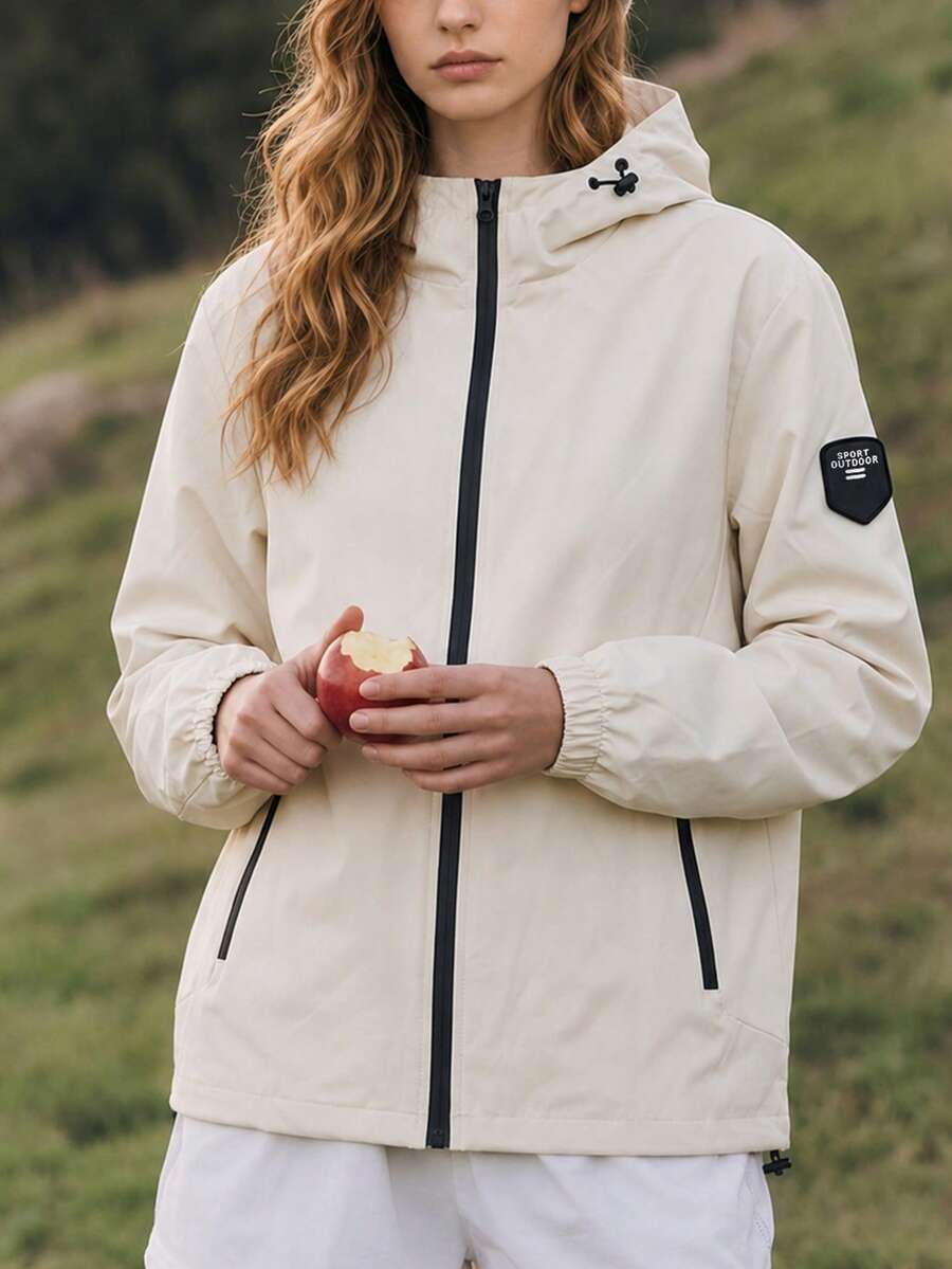 Chaqueta con capucha beige sólido con parche en el brazo, cierre de gancho y bucle y cremallera, atuendo casual de camping para mujeres - Albaricoque - Ver 1