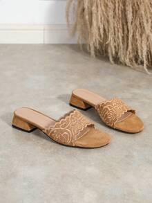 Women's Lace Trim Carved Breathable Open Toe Square Toe Chunky Mid Heel Elegant Suede Camel Color One Strap Sandals For Party, Date, Daily Wear And Outings - Camel - View 5