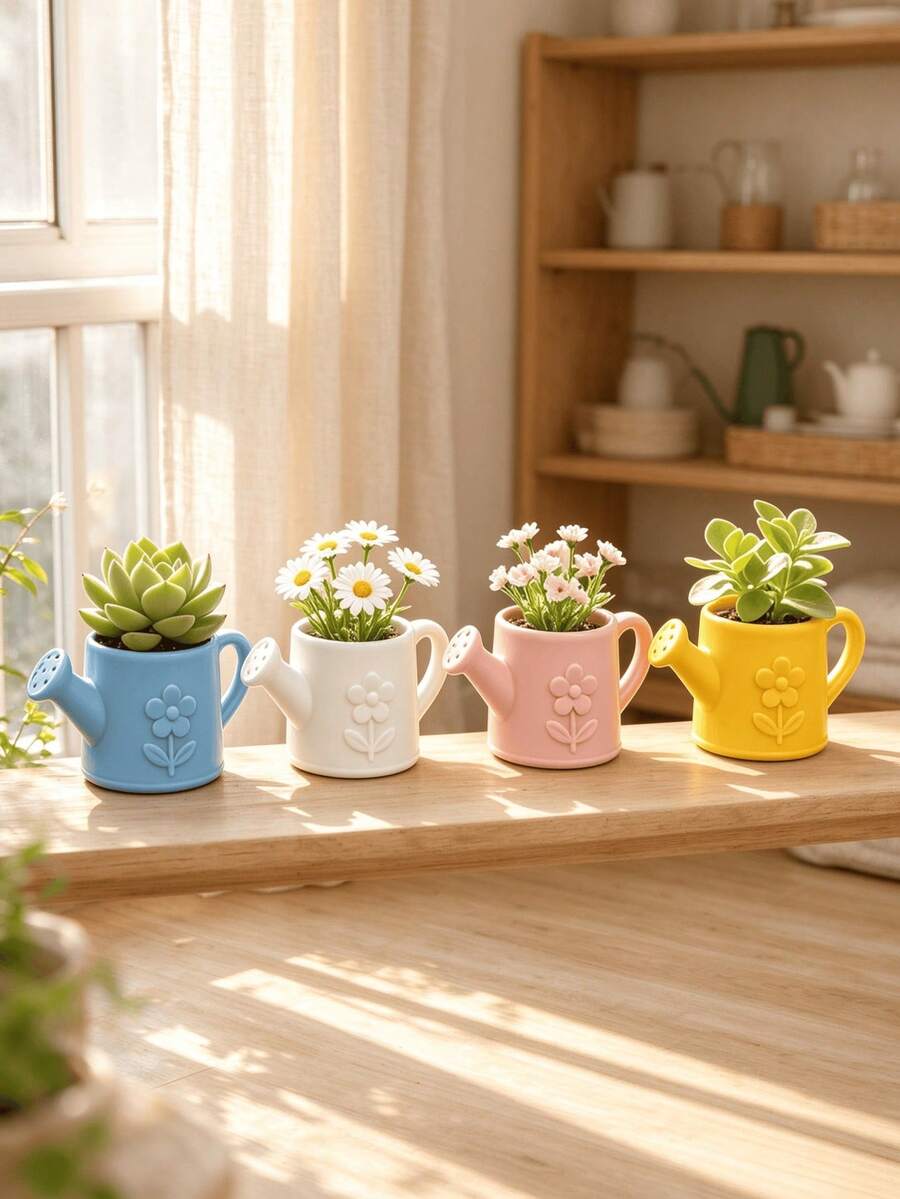 Creative Watering Can Shaped Small Flower Pot, Embossed Floral Cute Succulent Planter, Desktop Mini Potted Plant Decor Ornament, Balcony Indoor Greenery Small Flower Vase
