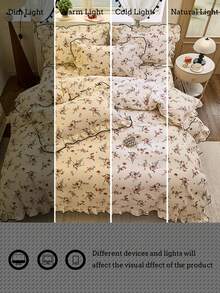 紅色花卉女孩風荷葉邊簡約舒適親膚被套3件套（1件被套+2件枕套，不含填充物），適用臥室與客房，可機洗，四季通用 - 紅色 - 查看 2