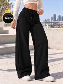 Women Black Fleece Lined Sweatpants Wide Leg Pants With Elastic Drawstring Waist Side Pockets Loose Fit Casual Trousers - Black - View 3