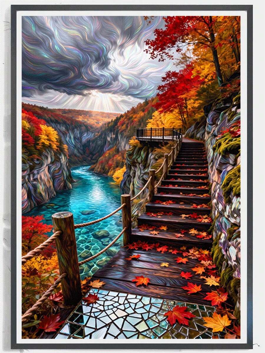 1pc Diamond Painting Kit, Colorful Oil Painting Style Landscape Autumn Scenery Diamond Art, Full Drill Rhinestone Decor For Living Room, Entryway, Bedroom, Hallway, Suitable For Handmade DIY Popular Scene