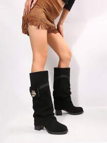 Women's Knee-High Round Toe Straight Leg Ruched Metal Buckle Mid-Calf Boots With Chunky Heel - Black - View 1