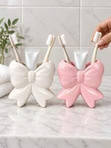 1pc Elegant Bow-Shaped Toothbrush & Toothpaste Holder, Glossy Pink Or Ivory White Bathroom Countertop Organizer, Cute Vanity Storage Decor - Multicolor - View 5