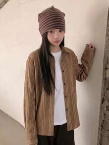 Vintage Plaid Long Sleeve Loose Blouse - Brown - View 4