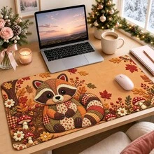 1pc Fall Raccoon Mouse Pad, Patchwork Woodland Animals, Mushrooms And Autumn Leaves Extended Desk Mat For Home Office And Gaming, Sizes S/M/L/XL - View 2