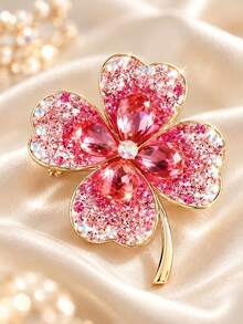 1pc Multicolor Lucky Four-Leaf Clover Rhinestone Luxury Elegant Brooch Lapel Pin Unisex Daily Banquet Wedding Party Gift Clothing Decoration - Pink - View 3