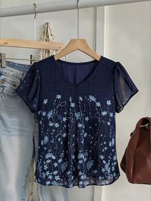 Plus Size Women's Casual Short Sleeve Shirt Floral Print V-Neck Double Layer Cover Up Top - Blue - View 2