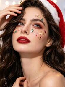 1pc Christmas Gingerbread Man Bear Face Decorative Sticker, Christmas Tree Snowman Bow Self-Adhesive Glue-Free Face Sticker, Holiday Party Photo Shoot Stage Makeup Facial Accent Sticker - Multicolor - View 4