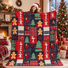 1PC Christmas Patchwork Plaid Gingerbread Man Throw Blanket, Xmas Tree Flannel Blanket For Holiday Sofa Home Decor - Multicolor - View 9