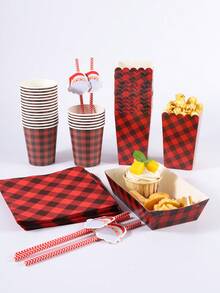 24/48PCS Disposable Paper Party Tableware Set, Red & Black Buffalo Plaid Print, Suitable For Rustic Christmas Party, Cabin Gathering, Winter Camping, Family Celebration, Christmas Eve, New Year Party And Rustic Holiday Table Decor - Multi-color 2 - View 4