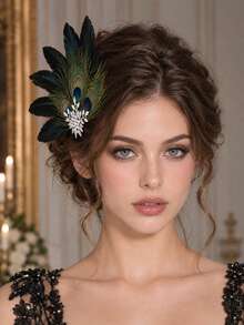 Vintage 1920s Peacock Feather Hair Clip,Rhinestone Decor Black Feather Barrette,Glamorous Hair Accessory For Women Cocktail Party Prom Wedding Costume - Multicolor - View 4