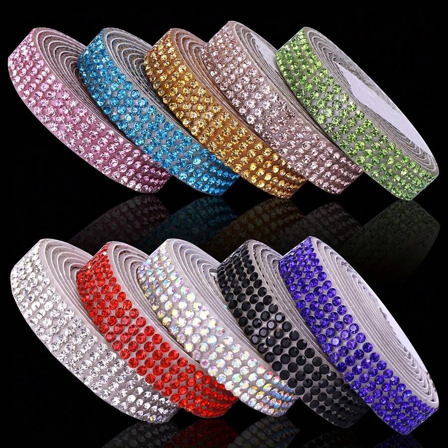 10 Rolls Self-Adhesive Rhinestone Ribbon Stickers, 2mm Crystal Diamond Decorative Tape, 1 Yard Per Roll, Shiny, Craft Material, Suitable For Wedding, Party, Car, Phone Decoration - Dual Axis - View 1
