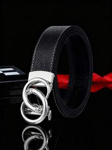 Men's Double Ring Leopard Head Automatic Buckle PU Belt, Litchi Grain Stitching, 47 Inch Business Leather Belt - Multicolor - View 12