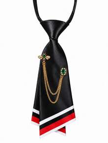 Women's Tie-Free, Pearl Chain Decorated Striped Satin Tie, School Uniform Shirt Accessory, Suitable For Daily Office Wear - Black - View 21