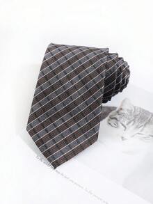 1pc Grey Brown Plaid Diagonal Striped Men's Tie, Business Formal Wedding Vintage Tie - Grey Stripes - View 5