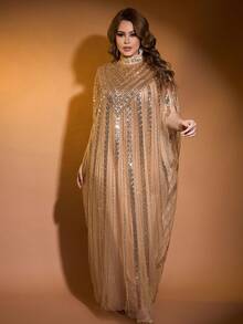 JINLICX Elegant Luxury Solid Color Polyester Beaded Evening Gown For Wedding And Formal Occasions, Spring Summer Autumn - Champagne - View 3