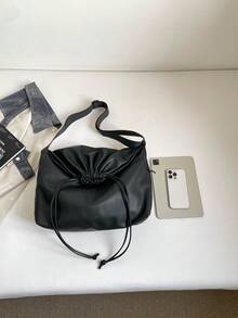 1pc Women's Vintage Soft Leather Drawstring Crossbody Tote Bag, Korean Slouchy, Ruched Drawstring Closure Design, Adjustable Wide Strap, Large Capacity For Tablet And Books, Built-In Luggage Strap For Trolley Handle, Daily Commute And Short Trip Shoulder Bag - Black - View 8