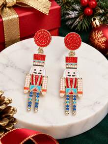 1 Pair Christmas Red Rhinestone Domed Nutcracker Earrings, Vintage Fairy Tale Style Holiday Jewelry For Women, Suitable For Vacation Outfit And Christmas Gift - Red - View 3