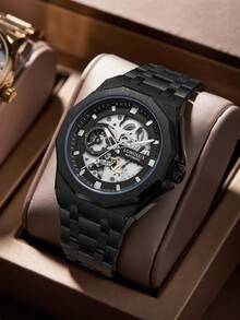 LONGLUX 1pc Men's Hollow Automatic Mechanical Watch, Waterproof Steel Band, Suitable For Daily Wear And Holiday Gift - Black - View 2