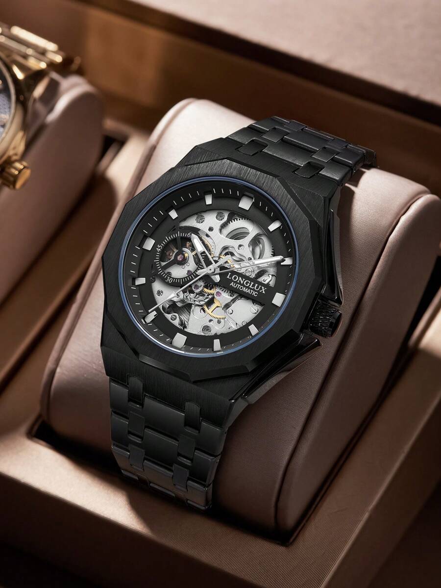 LONGLUX 1pc Men's Hollow Automatic Mechanical Watch, Waterproof Steel Band, Suitable For Daily Wear And Holiday Gift