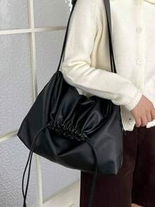 1pc Women's Vintage Soft Leather Drawstring Crossbody Tote Bag, Korean Slouchy, Ruched Drawstring Closure Design, Adjustable Wide Strap, Large Capacity For Tablet And Books, Built-In Luggage Strap For Trolley Handle, Daily Commute And Short Trip Shoulder Bag - Black - View 2