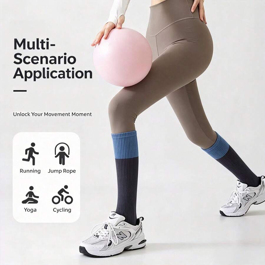 Women Color Block Knee High Five-Toe Non-Slip Yoga Socks, Grippy Silicone Sole Pilates Workout Socks - Multicolor - View 1